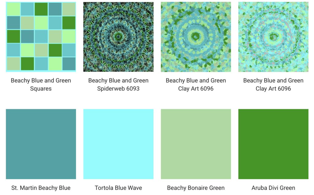 Blue and Green beach colors for throw pillows, wall clocks and shower curtains.
