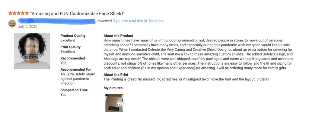 Testimonial from a happy client of her face shield mask designed by Celeste Sheffey of Khoncepts from her Zazzle shop