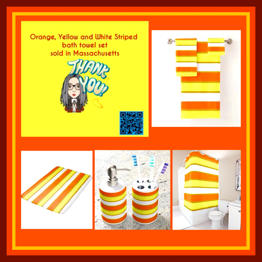bath decor sale of Orange, Yellow and White striped bath towel set. 
