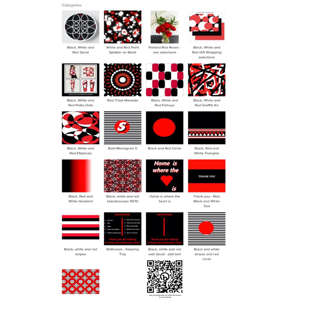 Red, Black and White product categories by Celeste Sheffey